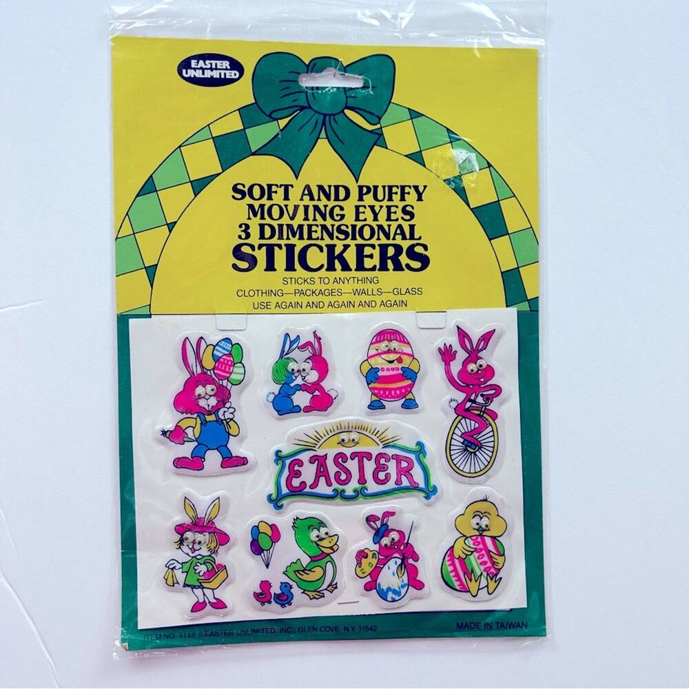 1980s Vintage soft puffy wiggly eyes Easter 9 piece stickers NOS Collectible